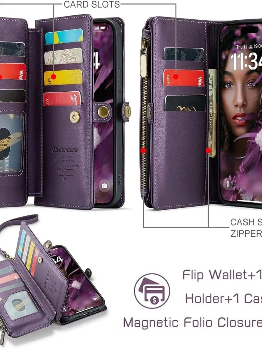 Women's Purple Leather Wallet Wristlet - Elegant Zip Closure